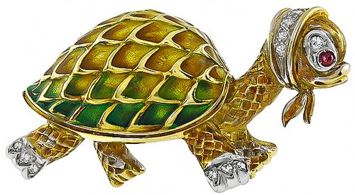 Enamel Round Cut Diamond 18k Yellow Gold Turtle Pin