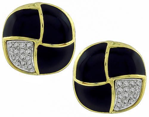 Round Cut Diamond Enamel 18k Yellow and White Gold Earrings