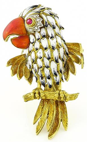 18k Yellow Gold Enamel Diamond Ruby Bird Pin