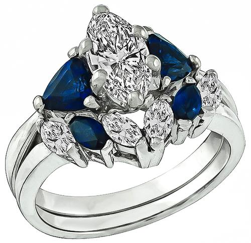 Marquise Cut Center Diamond Marquise and Pear Shape Sapphire 14k White Gold Engagement Ring and Wedding Band Set