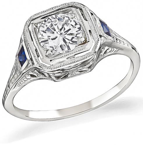 Round Cut Diamond Sapphire 18k Gold Engagement Ring