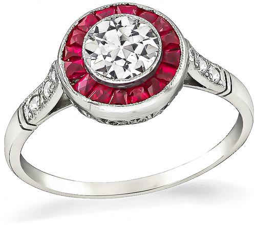 Art Deco Style Old Mine Cut Diamond Ruby Platinum Engagement Ring