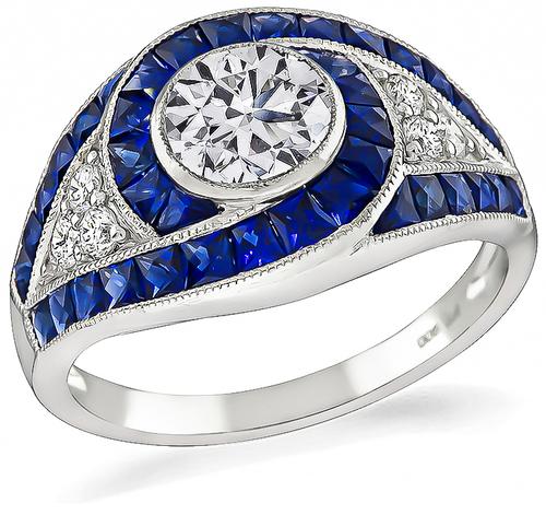 Round Cut Diamond Sapphire Platinum Engagement Ring