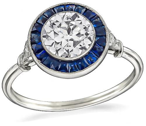 Old Mine Cut Diamond Sapphire Platinum Engagement Ring
