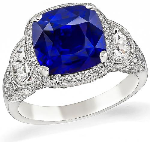 Cushion Cut Ceylon Sapphire Half Moon and Round Cut Diamond Platinum Engagement Ring
