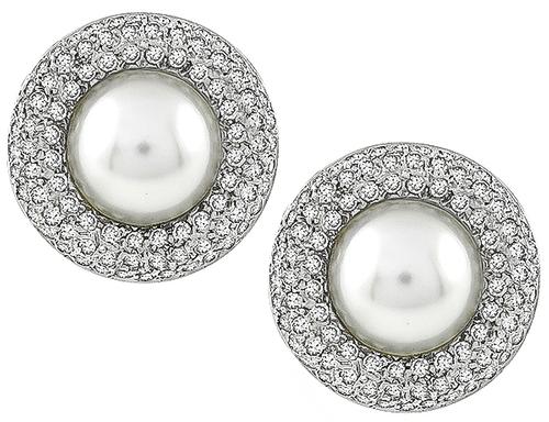 Round Cut Diamonds Mabe Pearl 14k White Gold Earrings