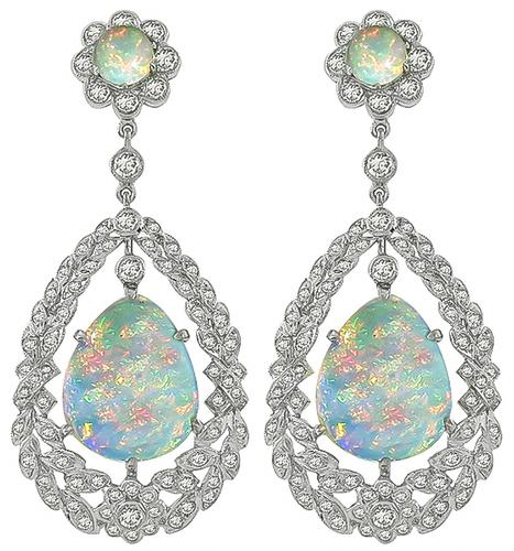 Round Cut Diamond Opal 18k White Gold Dangling Earrings