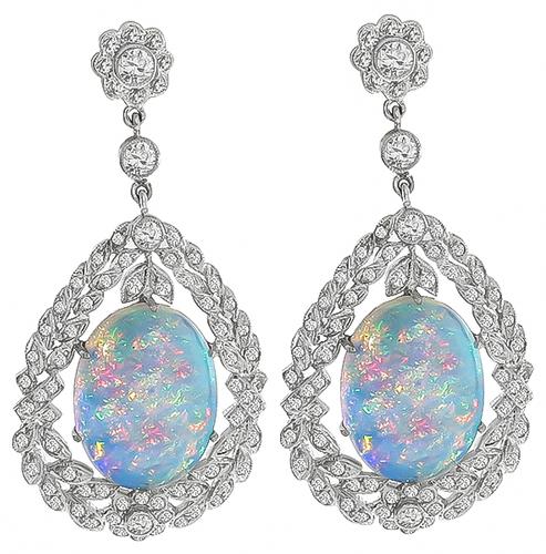 Opal Round Cut Diamond 14k White Gold Earrings