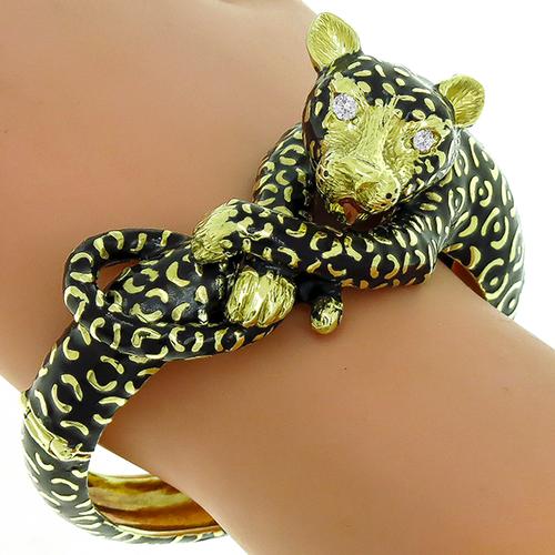 Diamond Ruby Enamel Gold Leopard Bangle