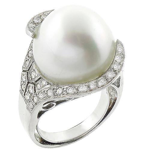 Art Deco Style 15mm South Sea Pearl 1.00ct Round Cut  Diamond 14k White Gold Ring