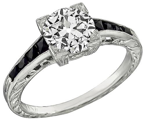 Estate GIA Certfified Old Mine Cut Diamond Onyx Platinum Engagement Ring