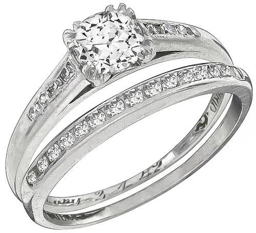 Old European Cut Diamond Platinum Engagement Ring and Wedding Band Set