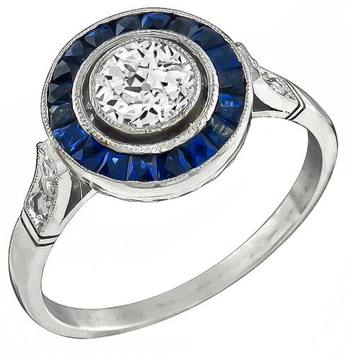 Art Deco Style Old Mine Cut Diamond Sapphire Platinum Engagement Ring