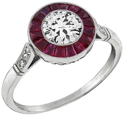 Art Deco Style Round Brilliant Cut Diamond Ruby Platinum Engagement Ring