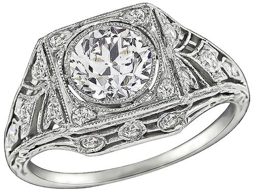 Art Deco Old Mine Cut Diamond Platinum Engagement Ring