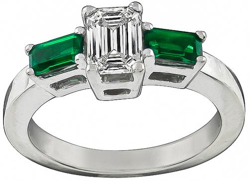 Emerald Cut Diamond Emerald 14k White Gold Engagement Ring