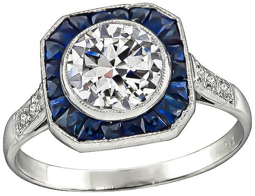 Old Mine Cut Diamond Sapphire Platinum Engagement Ring