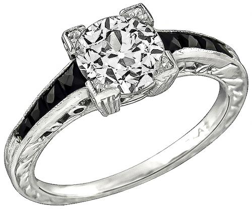 Estate Old European Cut Diamond Onyx Platinum Engagement Ring
