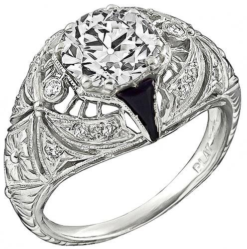 Old European Cut Diamond Onyx Platinum Engagement Ring