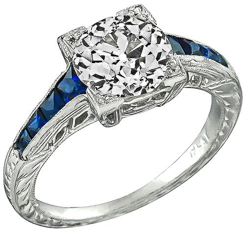 Old European Cut Diamond Sapphire Platinum Engagement Ring