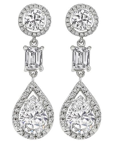 Pear Emerald and Round Cut Diamond 14k and 18k White Gold Drop Earrings