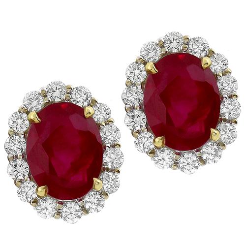 GRS Certified  7.37ct Oval Cut Natural Burmese Ruby Round Cut Diamond 14k White Gold Earrings