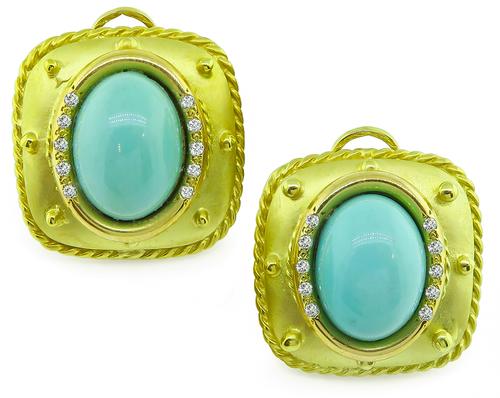 E Gallant Turquoise Diamond  14k Gold Earrings