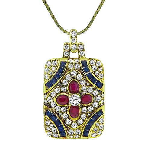 Round Cut Diamond Oval Cut Ruby Square Cut Sapphire 18k Yellow Gold Pendant