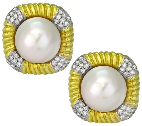 Round Cut Diamond Mabe Pearl 18k Yellow and White Gold Earrings