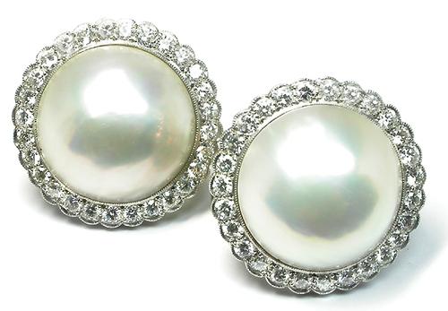 Round Cut Diamond Mabe Pearl Platinum Earrings