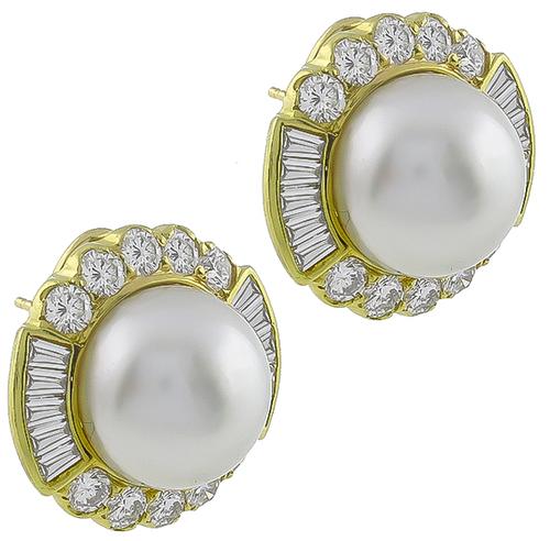 18k Yellow Gold Round and Baguette Cut Diamond Mabe Pearl Earrings