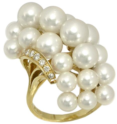 Mikimoto Pearl 0.20ct Diamond Cluster 18k Yellow Gold Ring 