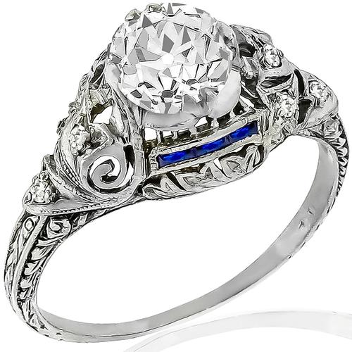 Art Deco GIA 1.07ct Diamond Sapphire Engagement Ring