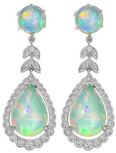 Round and Pear Shape Opal Round Cut Diamond 18k White Gold Earrings