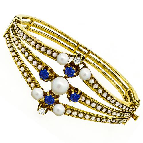 1960s 1.60ct Sapphire Diamond Pearl Gold Bangle