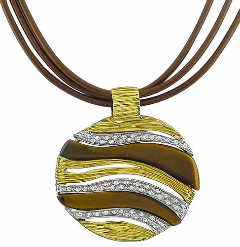 Round Cut Diamond Tiger's Eye 18k Yellow Elephant Skin Roberto Coin Necklace