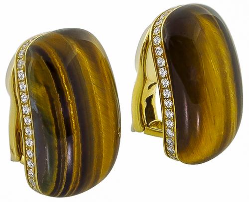 Round Cut Diamond Tiger Eye 18k Yellow Gold Roberto Coin Earrings