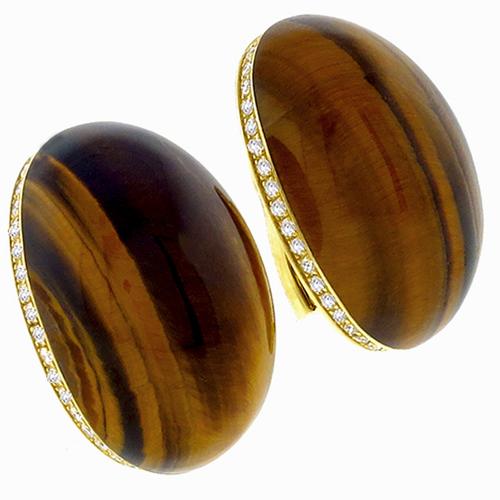 1.50ct Round Cut Diamond Tiger Eye 18k Yellow Gold Roberto Coin Earrings 