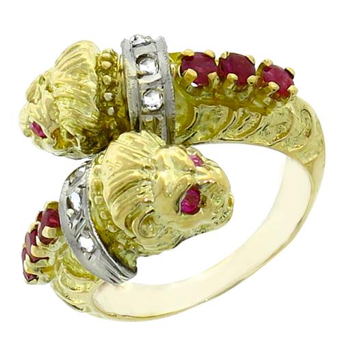 Ruby Diamond Gold Siamese Lion Head Ring New York Estate Jewelry
