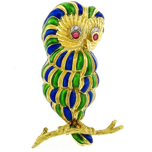 Ruby & Diamond Gold Enamel Owl Pin