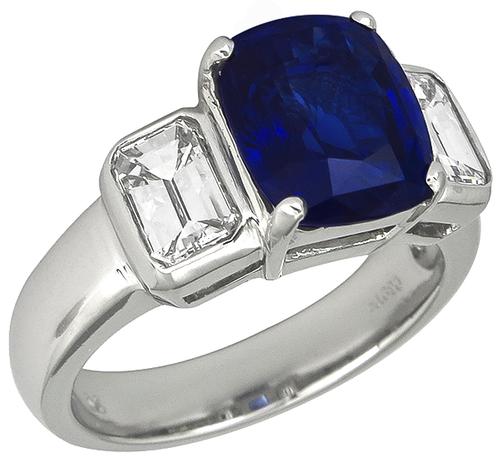 Cushion Cut Ceylon Sapphire Emerald Cut Diamond Platinum Engagement Ring