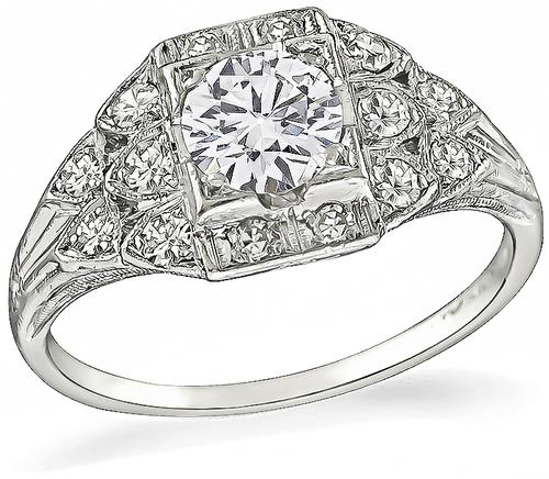 Art Deco Round Cut Diamond Platinum Engagement Ring