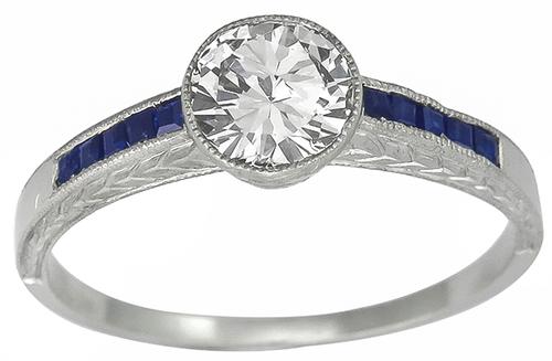 GIA Certified Round Brilliant Cut Diamond Square Cut Sapphire Platinum Engagement Ring
