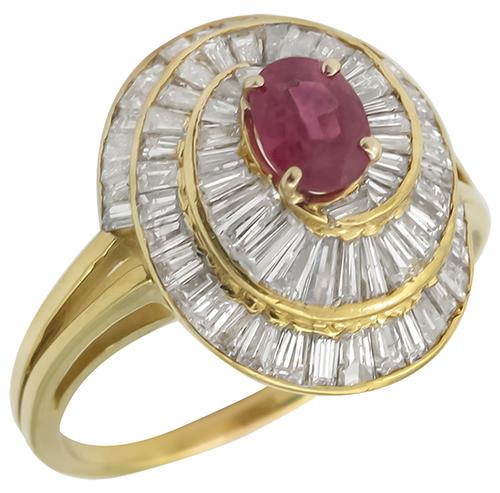 0.75ct Oval  Ruby 1.10ct Tapered Baguette Diamond 18k Yellow Gold Swirl  Ring