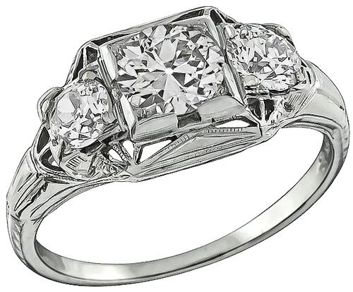 Edwardian Old Mine Cut Diamond 18k White Gold Engagement Ring