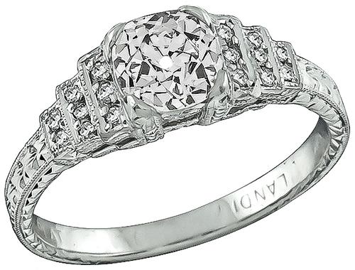 Art Deco Old Mine Cut Diamond Platinum Engagement Ring