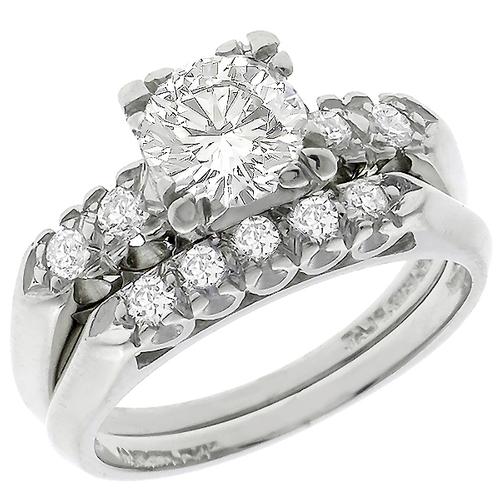 Estate 0.80ct Round Brilliant  Diamond Platinum Engagement and Wedding Band Set 