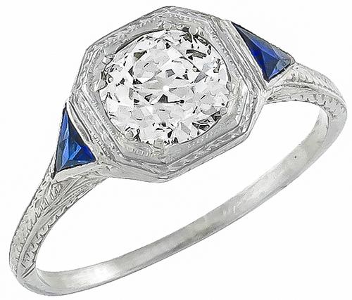 Art Deco Old European Cut Diamond 18k White Gold Engagement Ring