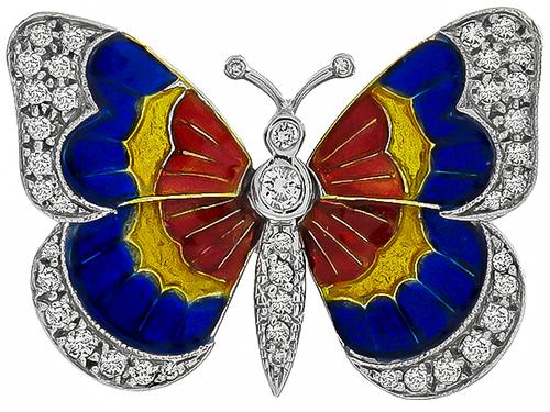 Enamel Round Cut Diamond 18k Yellow Gold Platinum Butterfly Pin