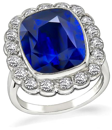 Cushion Cut Ceylon Sapphire Old Mine Cut Diamond Platinum Engagement Ring